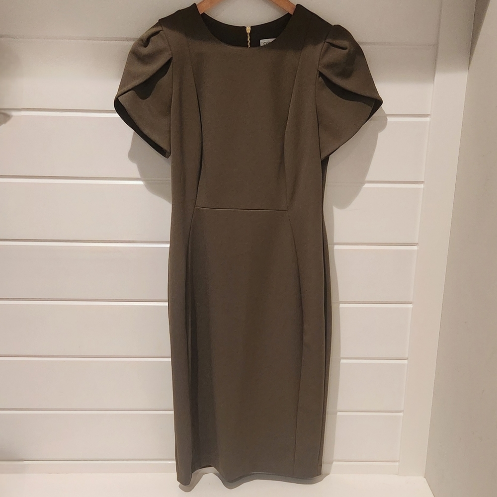 Calvin Klein Olive Green Tulip Sleeve Midi Dress | Size 6 | Elegant A-Line